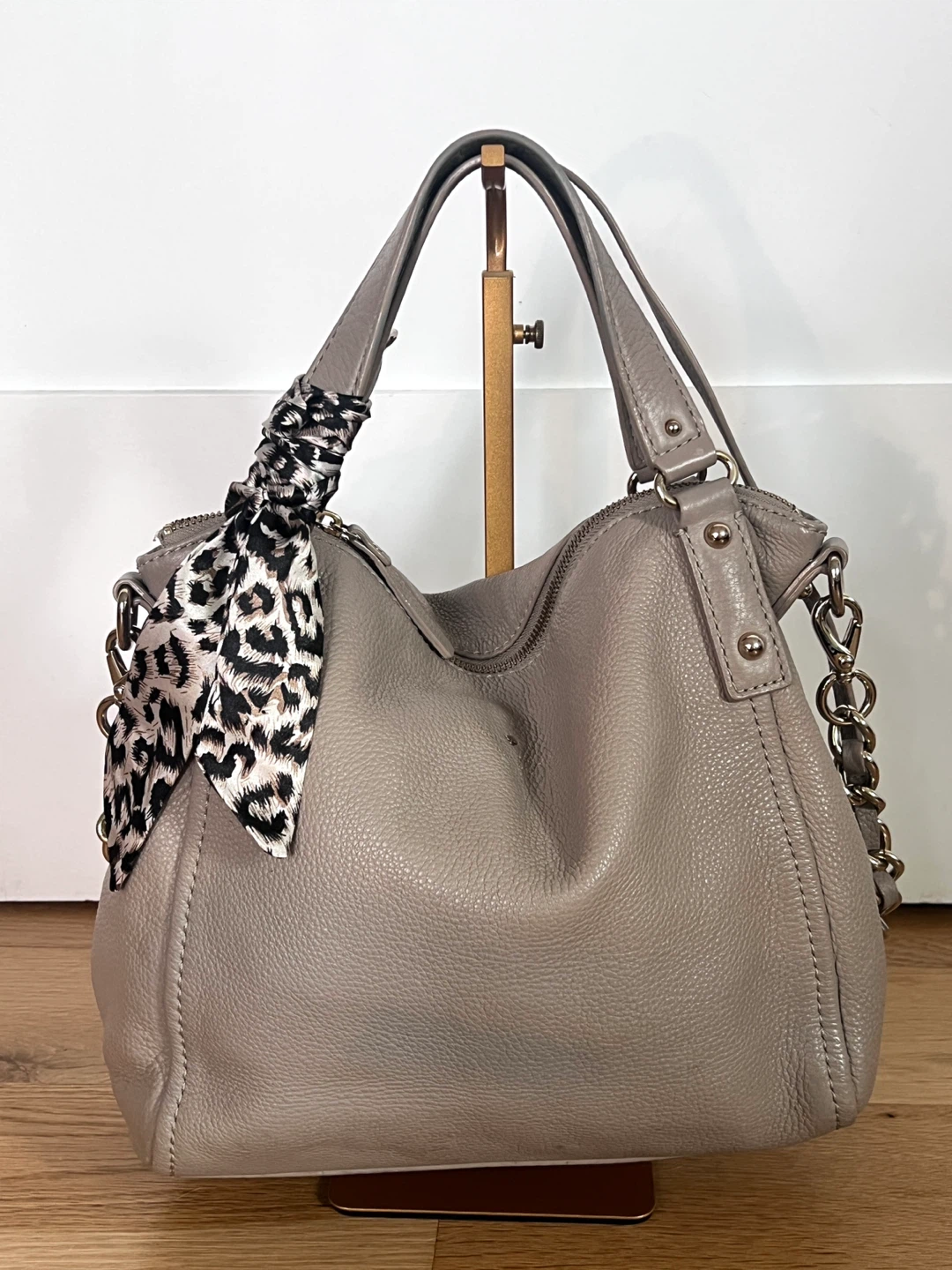 Kate Spade New York Grey Leather Hobo Bag with Scarf Accent