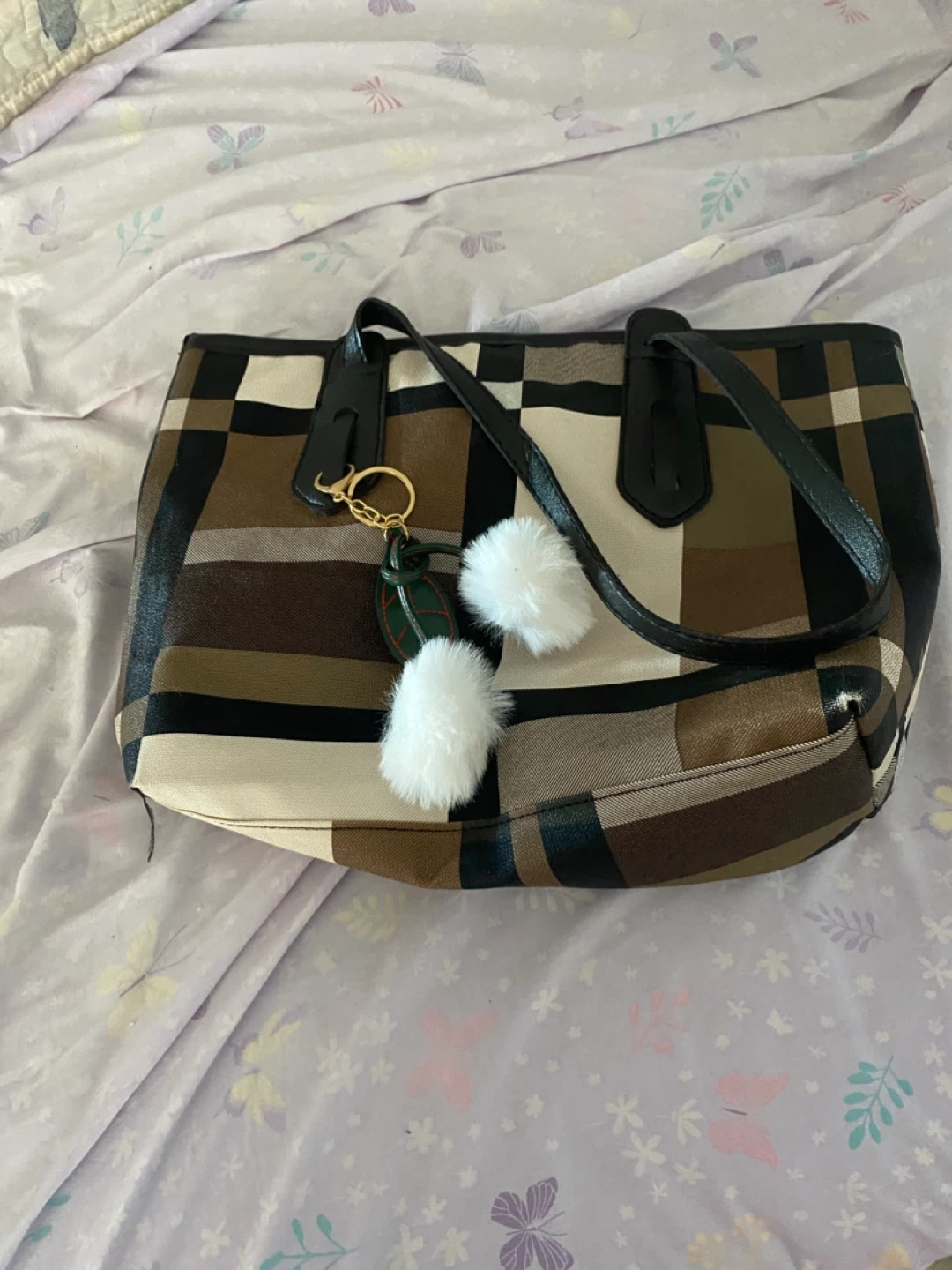 Tote Bag with Plaid Design and Pom-Pom Charms