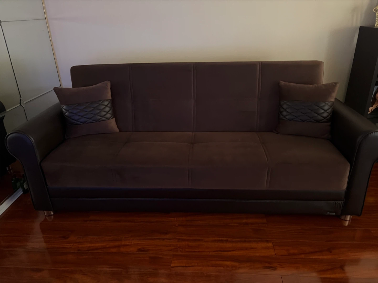 Brown Futon Sofa Bed with 2 Pillows