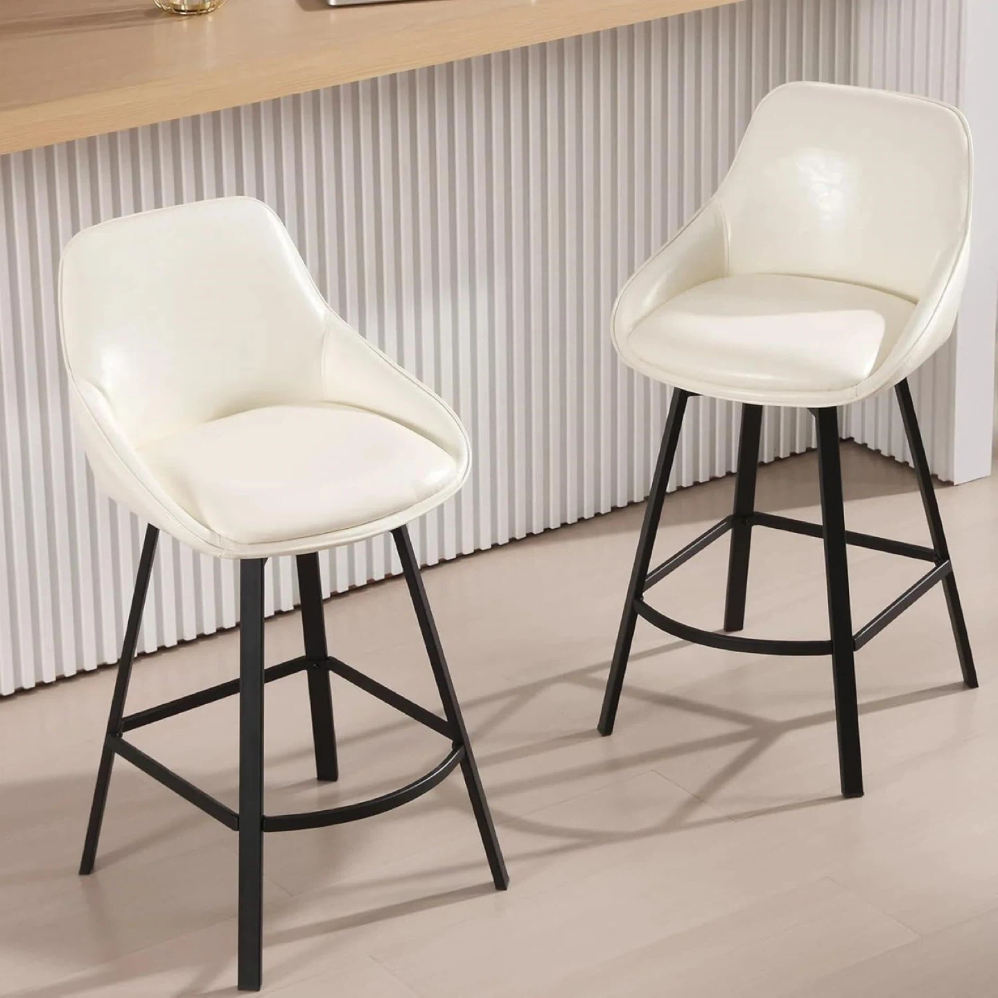 Set of 2 Swivel Barstools - White Faux Leather
