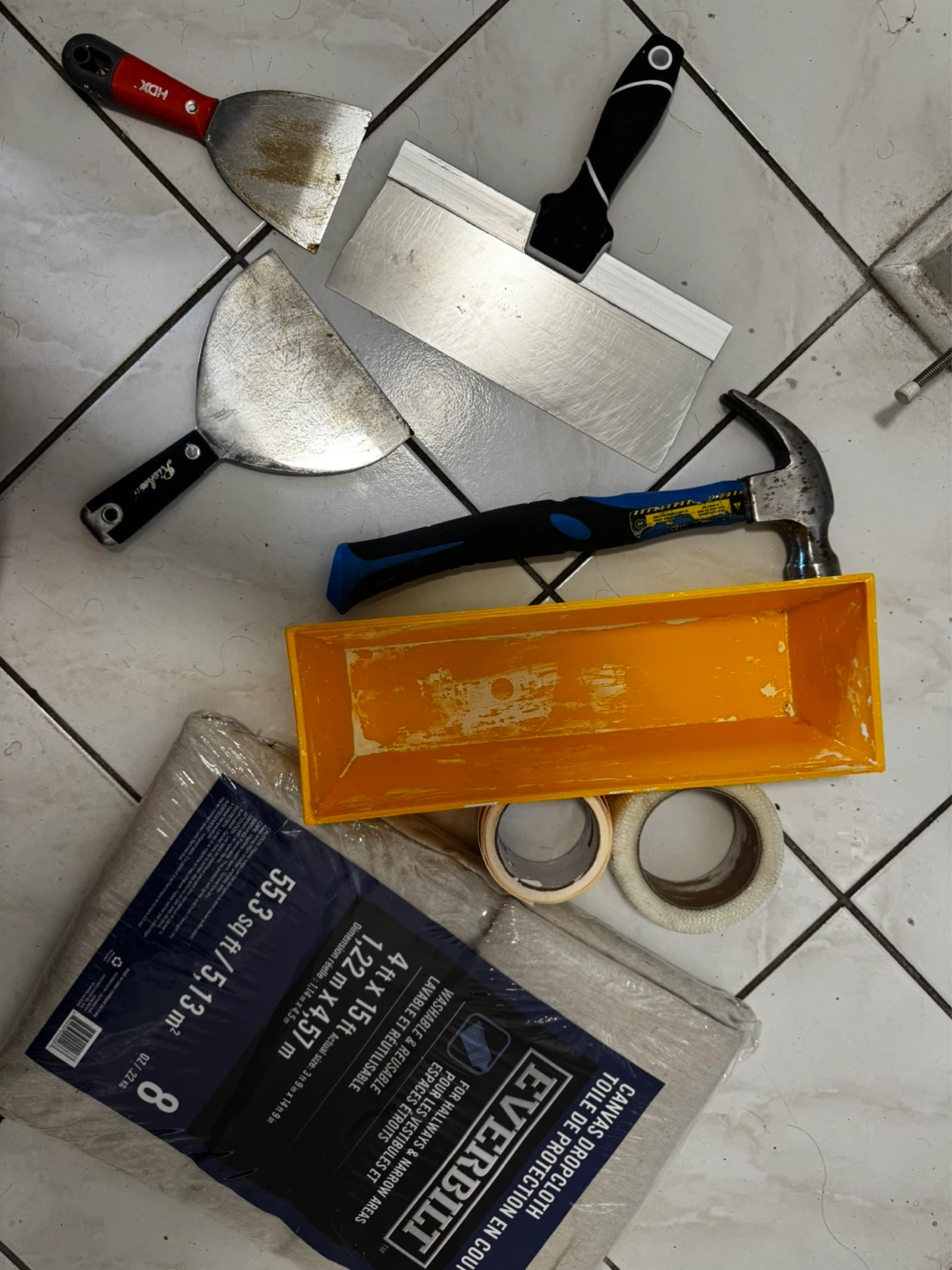 Tool Lot: Spackle Knives, Hammer, Drop Cloth, and Tray