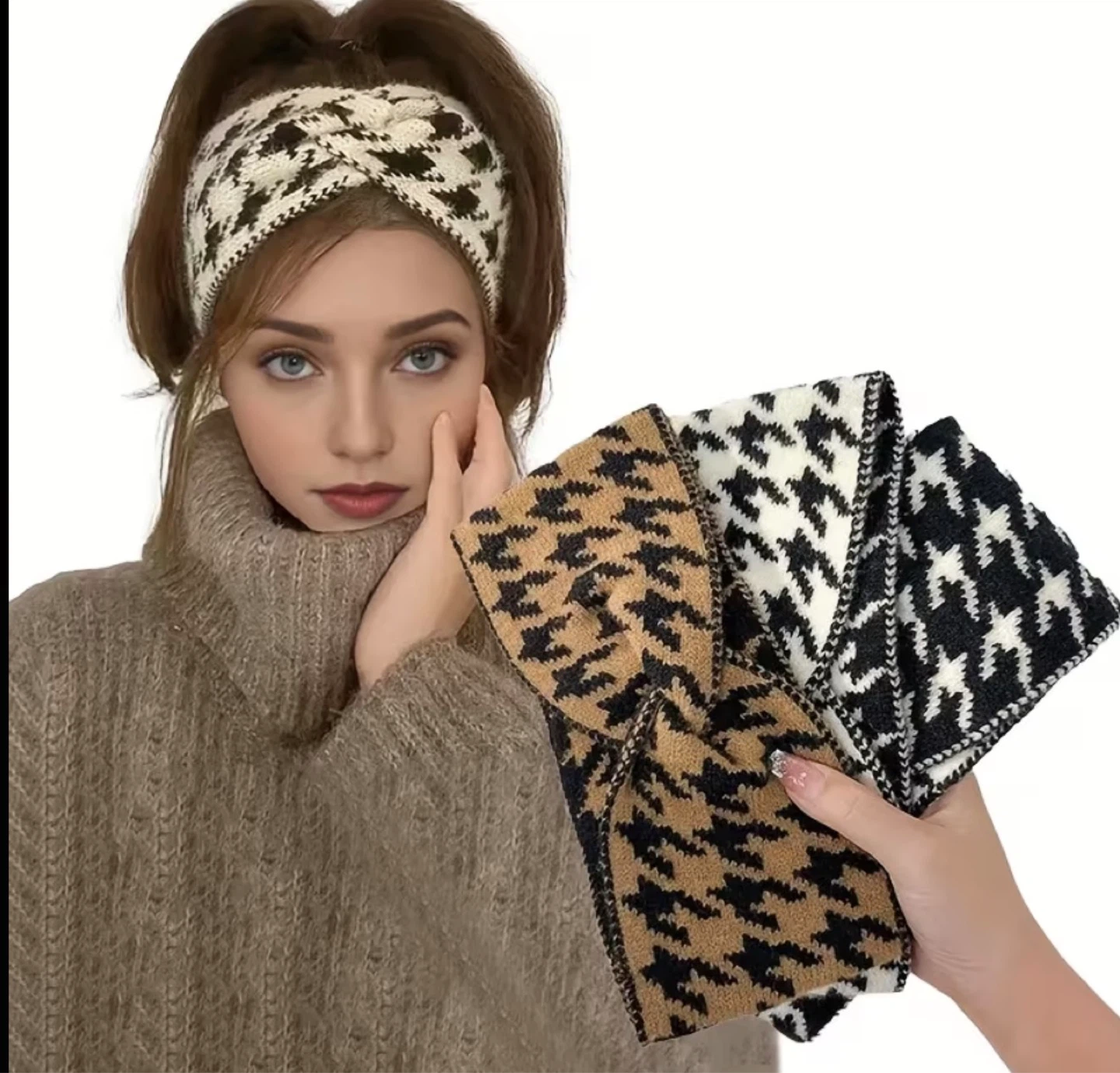 Houndstooth Knit Headbands - Set of 3