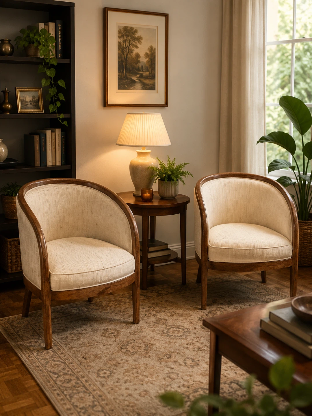 Cream Upholstered Accent Chairs with Wooden Frame - Set of 2