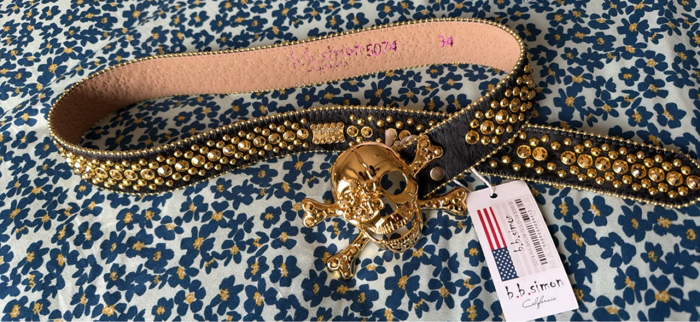 B.B. Simon Skull & Crossbones Embellished Belt Size 34