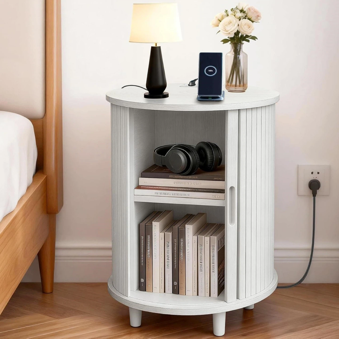 White Round Nightstand with Roll-Top Door