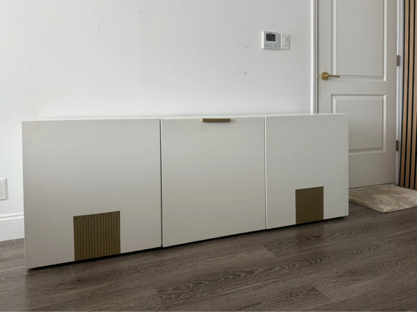 White 3-Door Storage Cabinet with Gold Accents