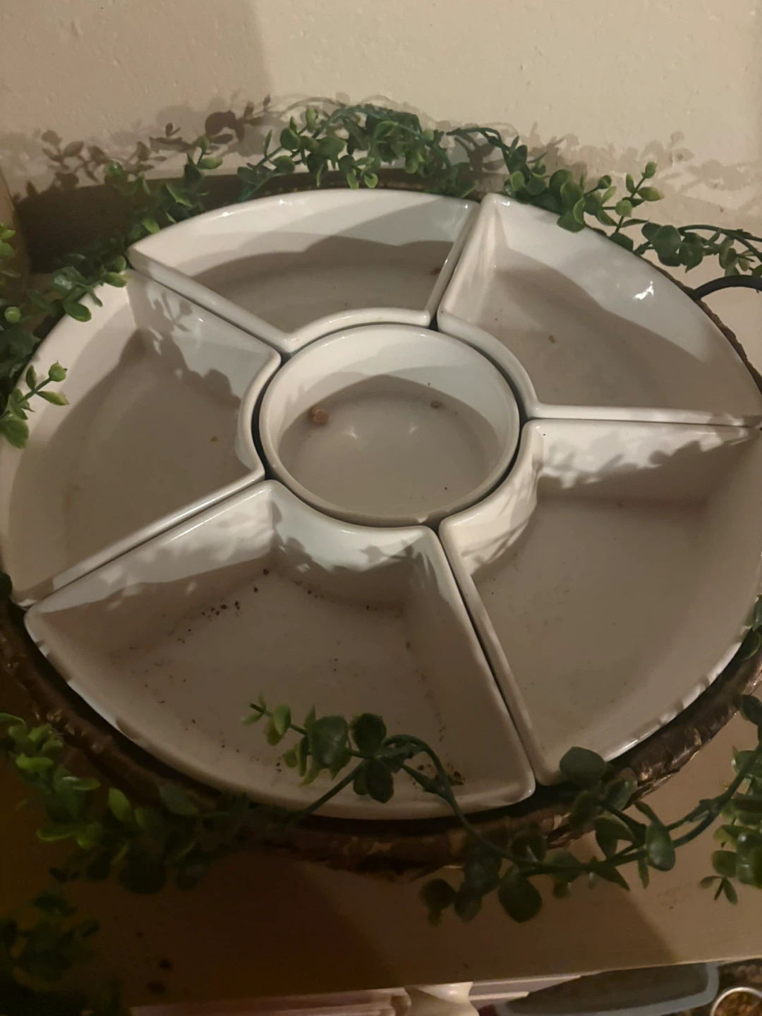 White Ceramic Divided Serving Platter with Center Bowl