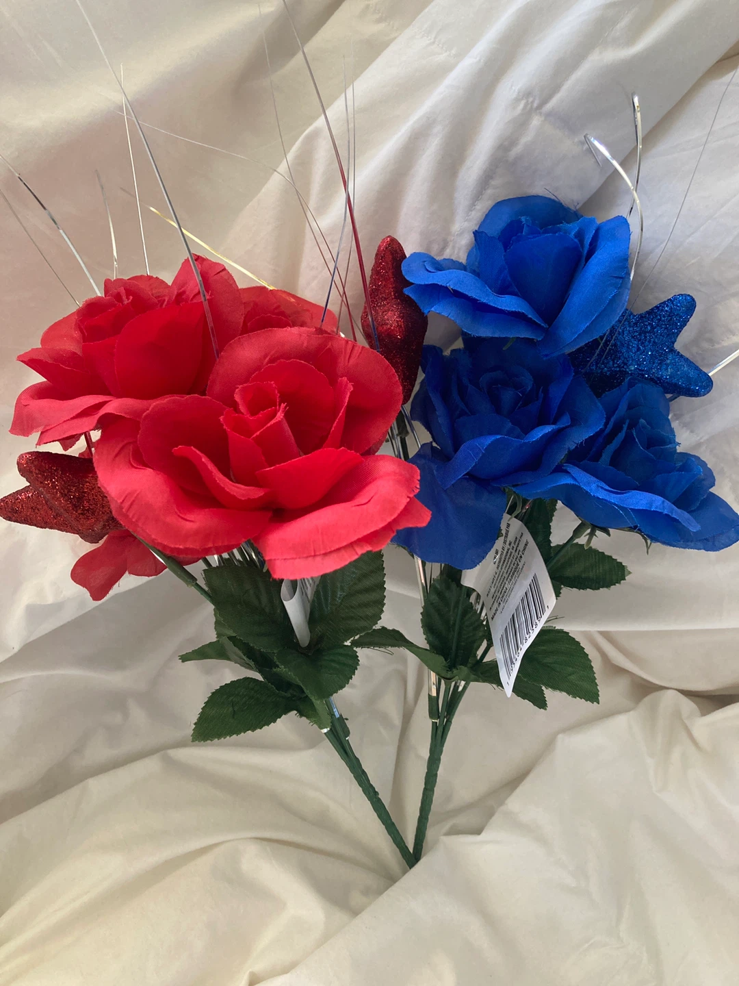 Red and Blue Artificial Roses with Sparkle Accents
