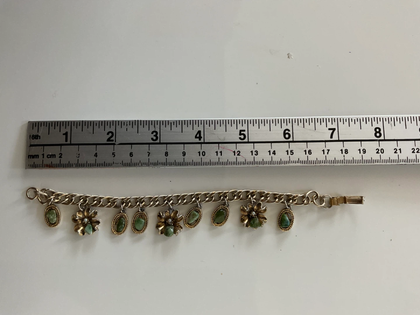 Vintage Gold Tone Green Stone Charm Bracelet circa early 1970’s - photo 3