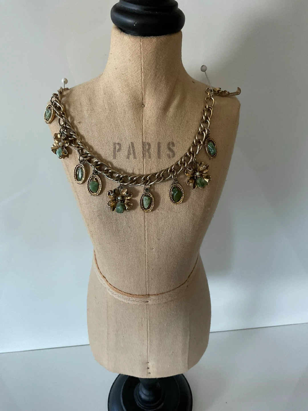 Vintage Gold Tone Green Stone Charm Bracelet circa early 1970’s