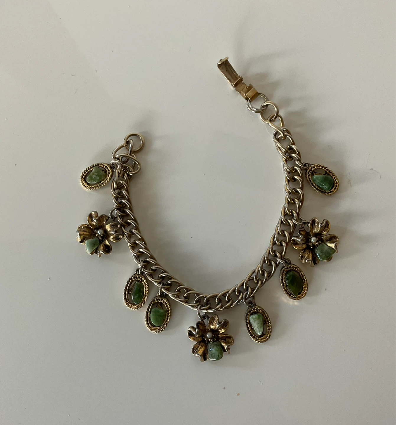 Vintage Gold Tone Green Stone Charm Bracelet circa early 1970’s - photo 2