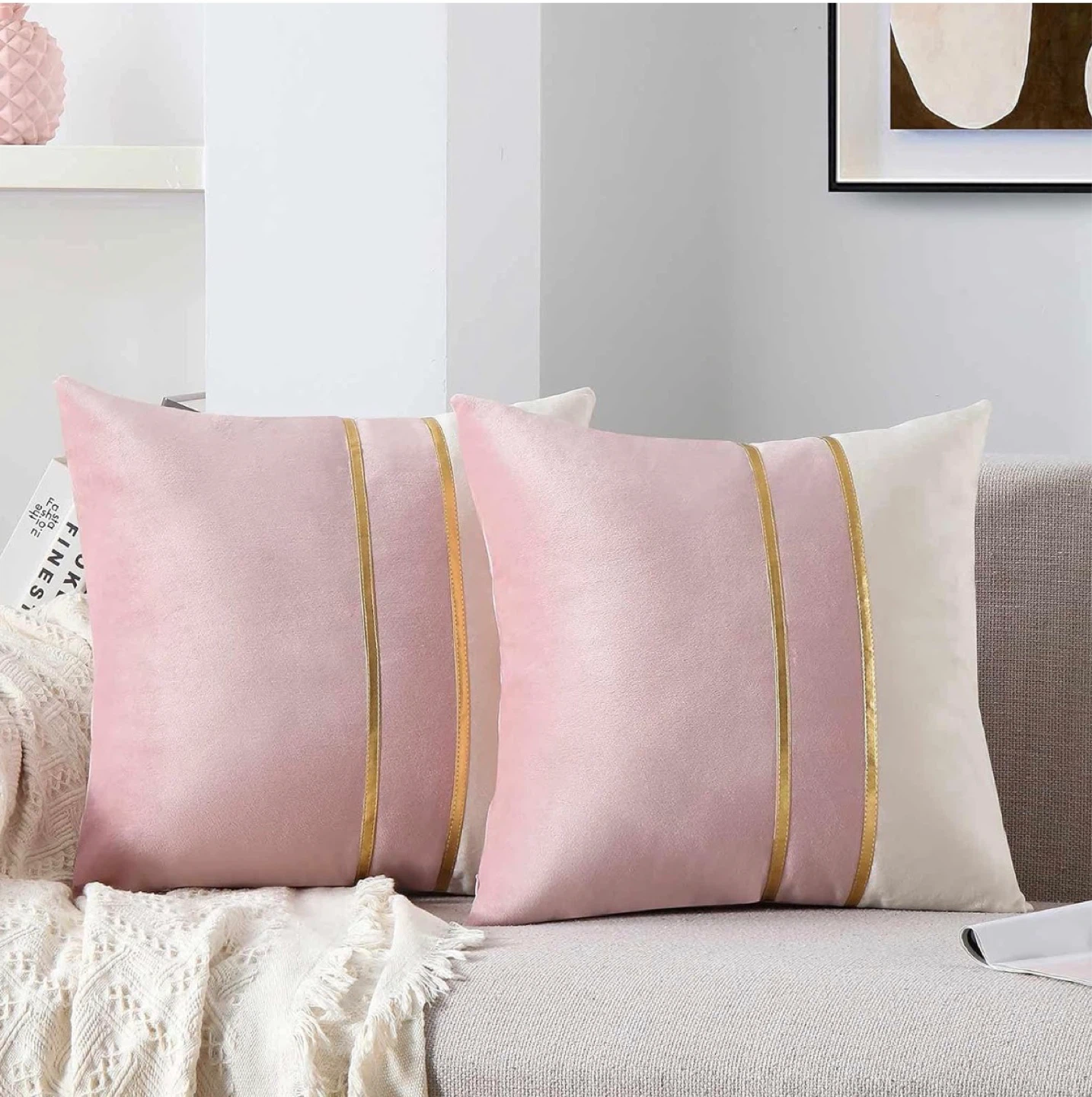 Pink Velvet Throw Pillow Cover with Gold Stripes