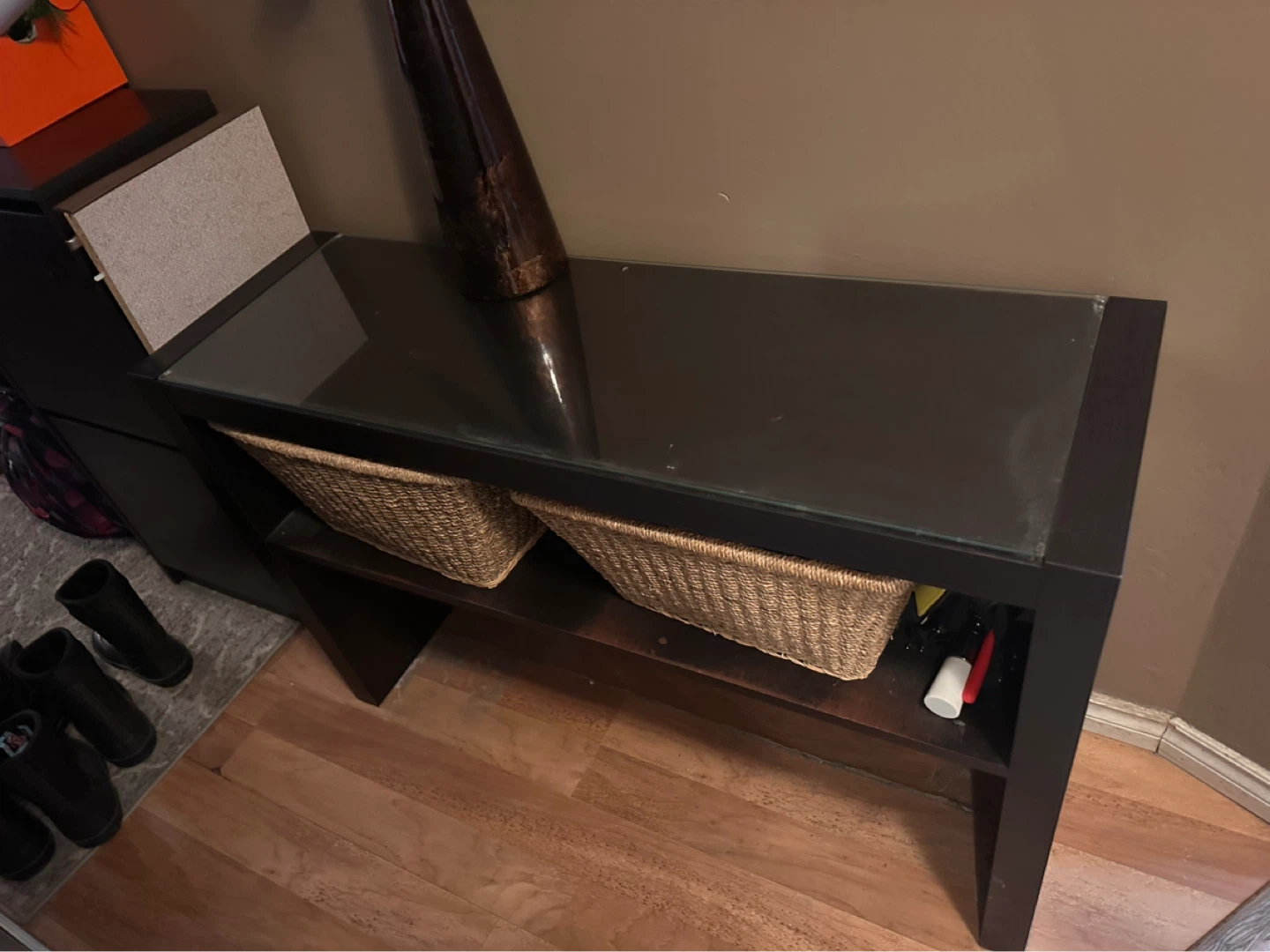 IKEA Dark Wood Console Table with Glass Top
