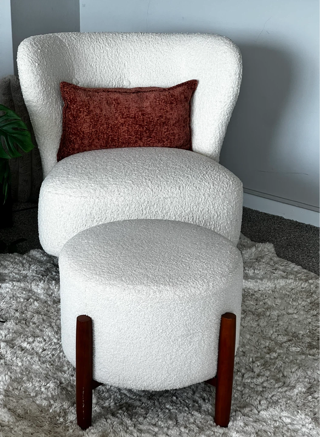 White Boucle Accent Chair with Ottoman