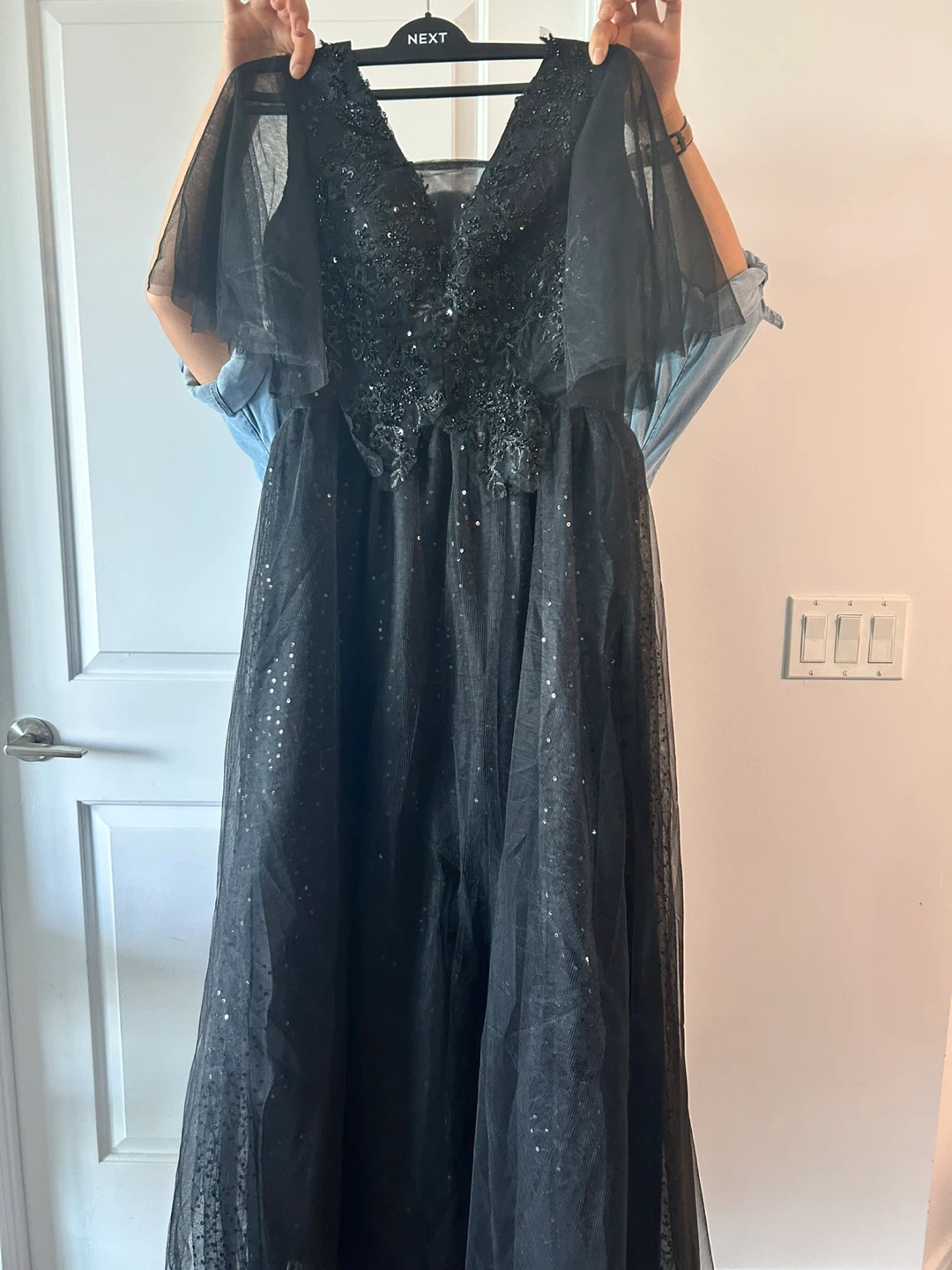 Black Sparkly Tulle Evening Gown with Flutter Sleeves - photo 4