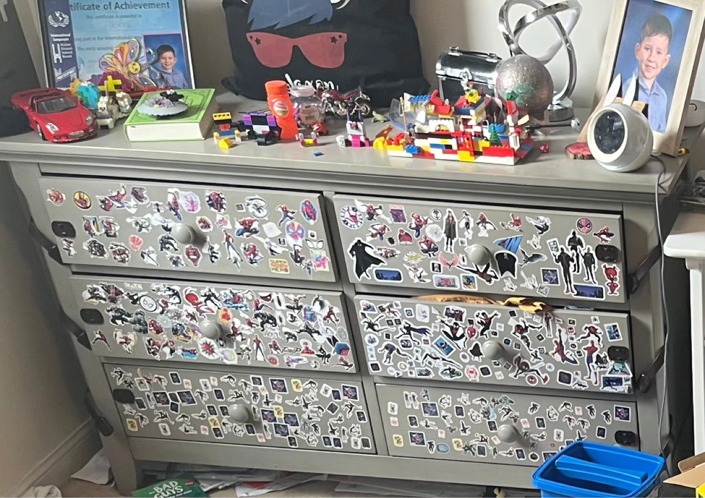 Grey Dresser with Spiderman Stickers