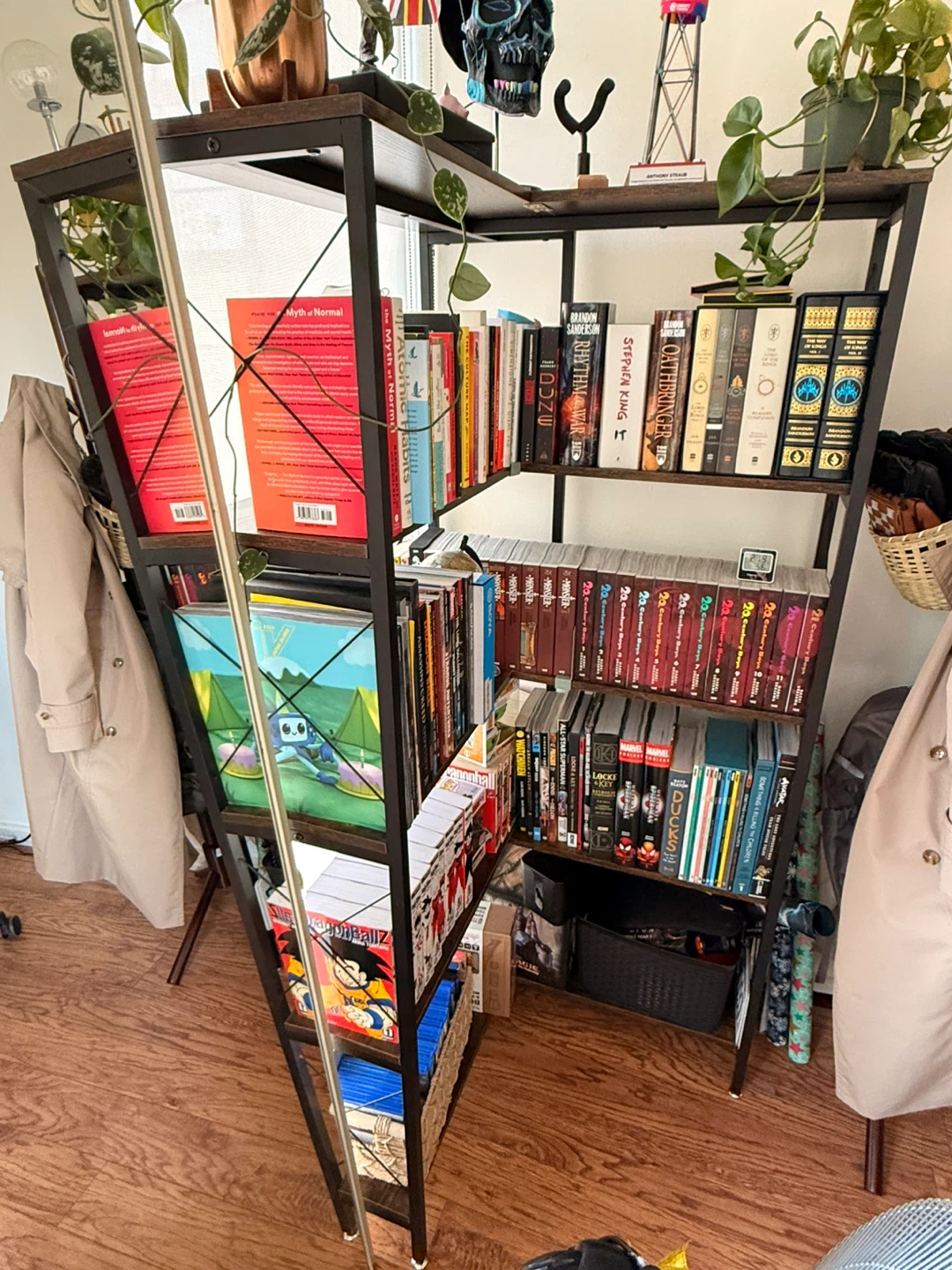 Corner Metal Bookshelf with Wood Shelves