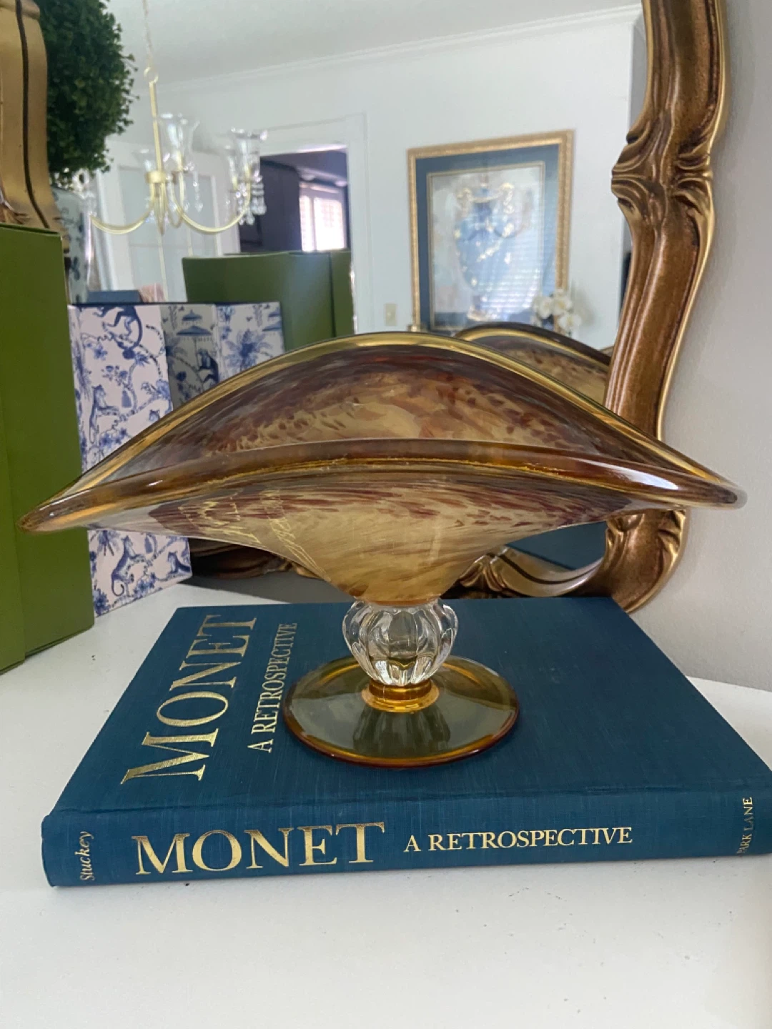 Art Glass Pedestal Bowl - Amber Swirl
