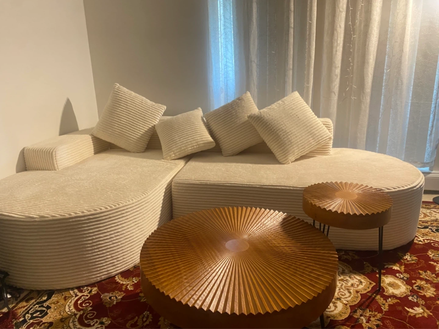 Cream Corduroy Sectional Sofa with 4 Throw Pillows