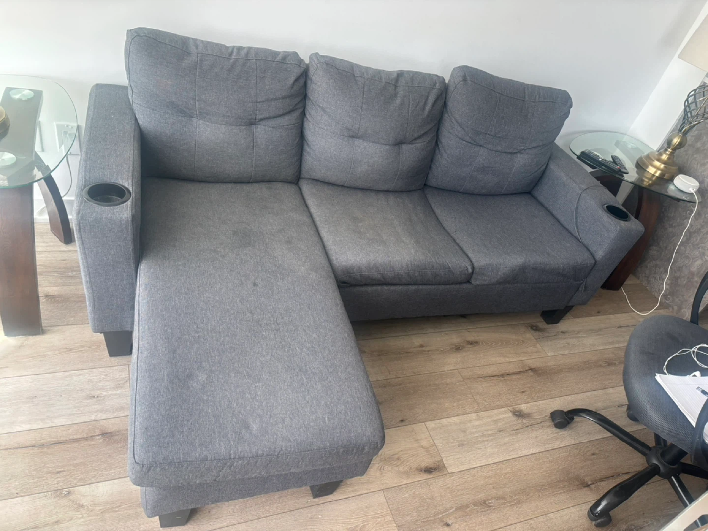 Grey L-Shaped Sectional Sofa with Cup Holders