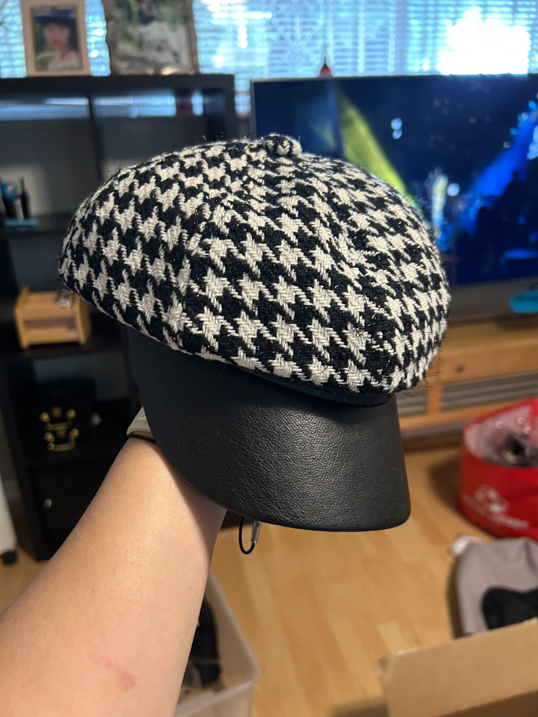Houndstooth Baker Boy Hat with Faux Leather Brim