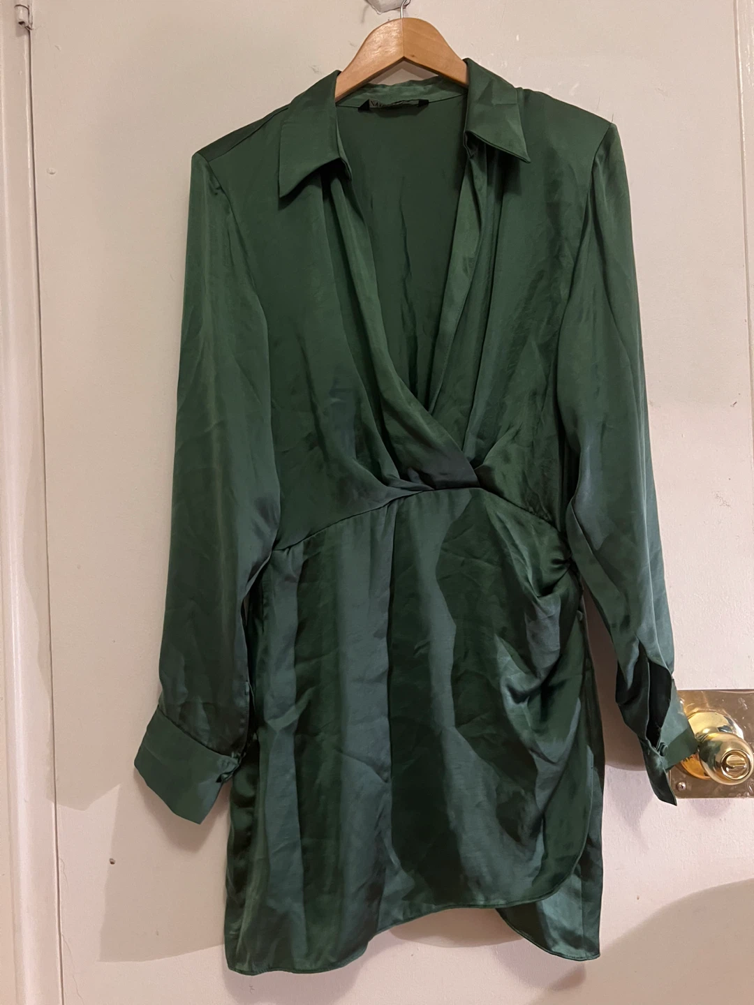 Green Satin Ruched Button Front Dress