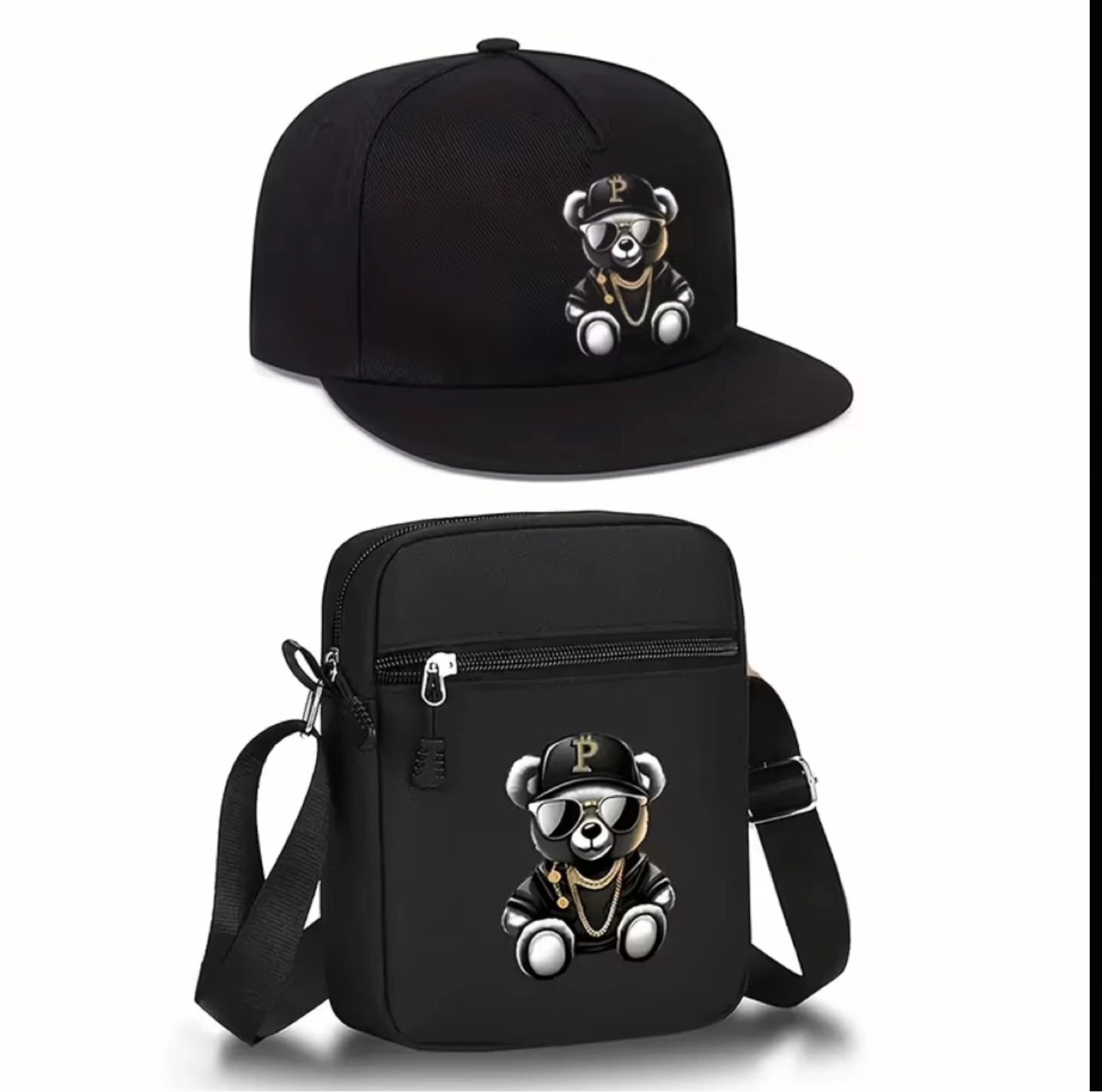 Black crossbody bag set with cap