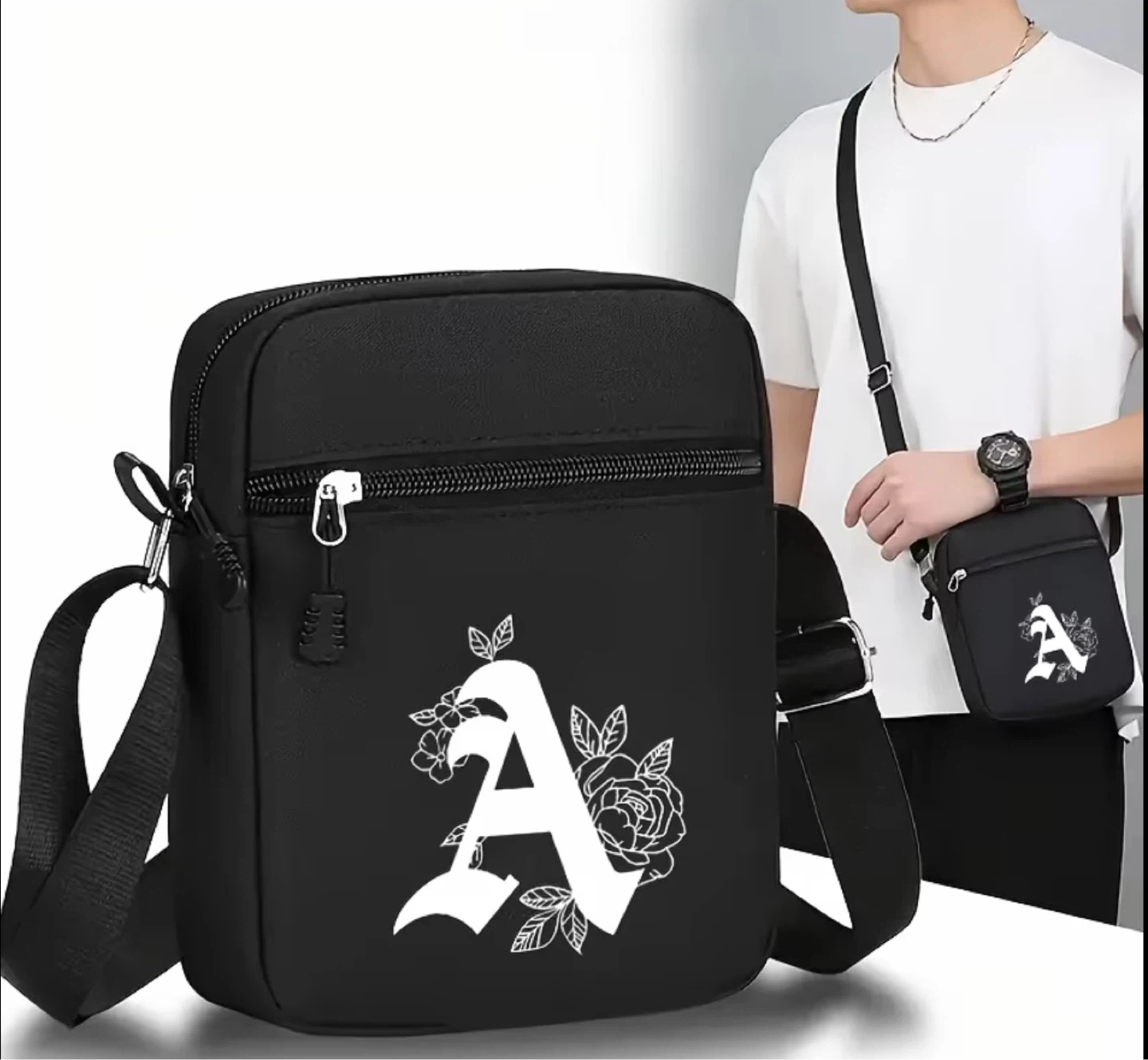 Black Crossbody Bag with Floral Letter 'A' Design - photo 2