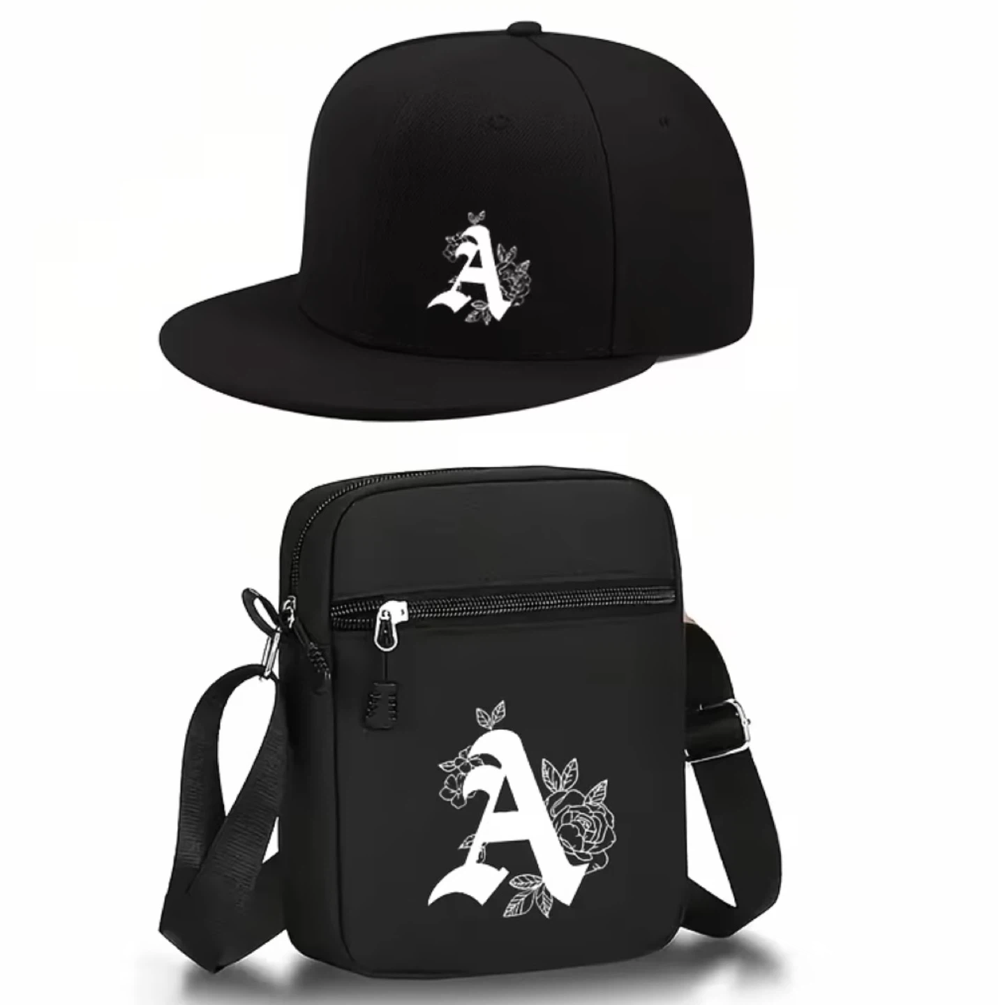 Black Crossbody Bag with Floral Letter 'A' Design