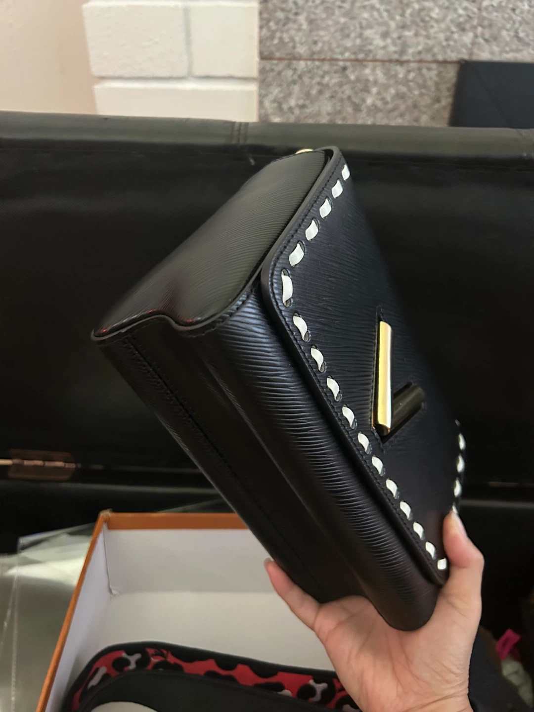 Black Textured Leather Clutch with White Stitching Detail - photo 3