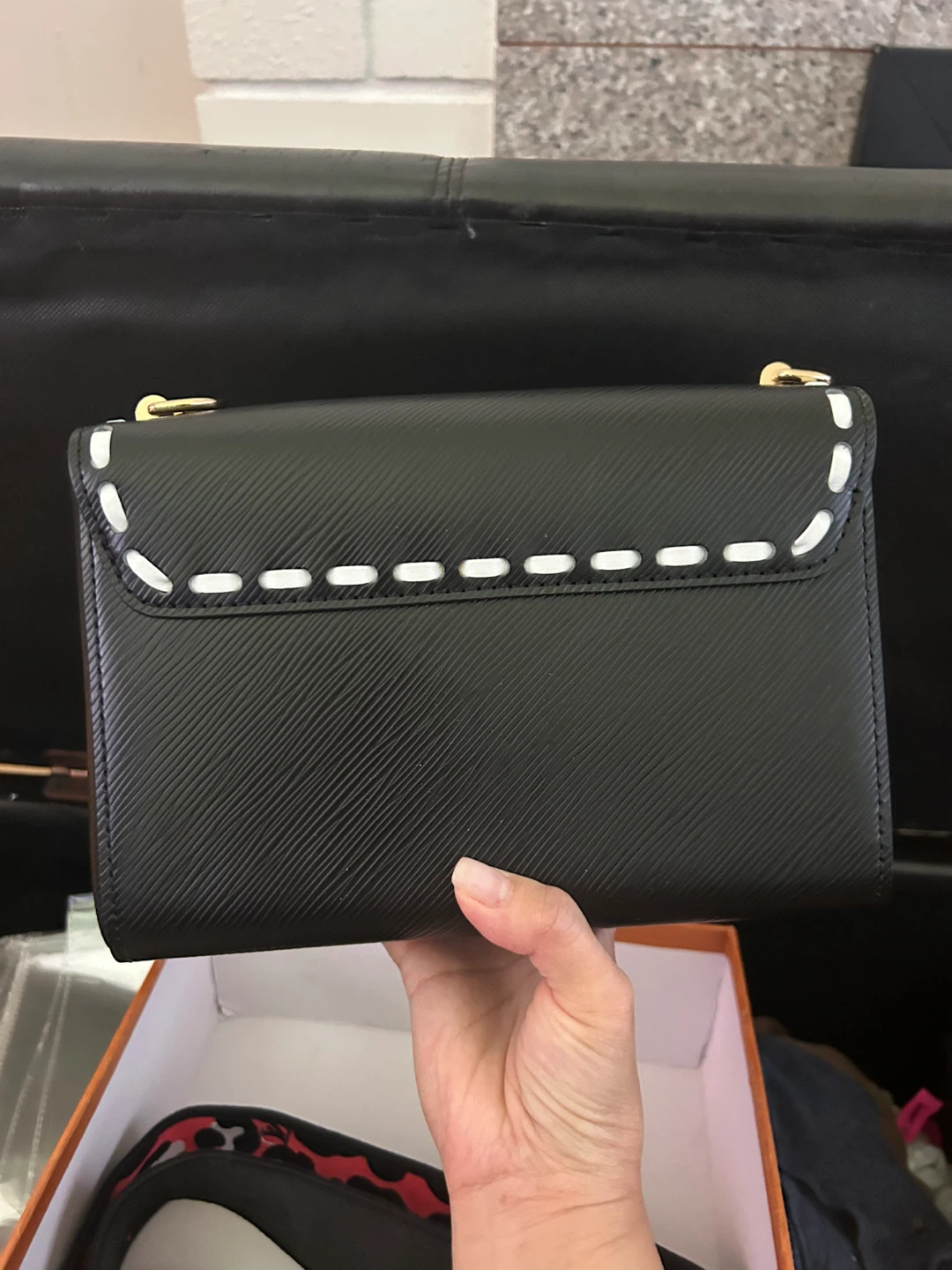 Black Textured Leather Clutch with White Stitching Detail - photo 2