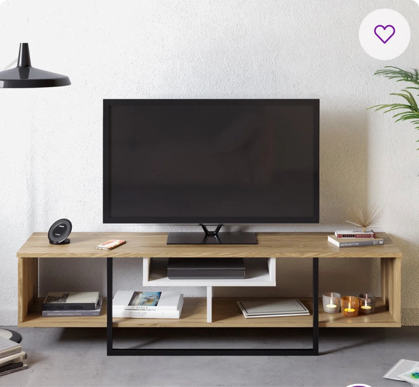 Modern Wood TV Stand with Black Metal Frame