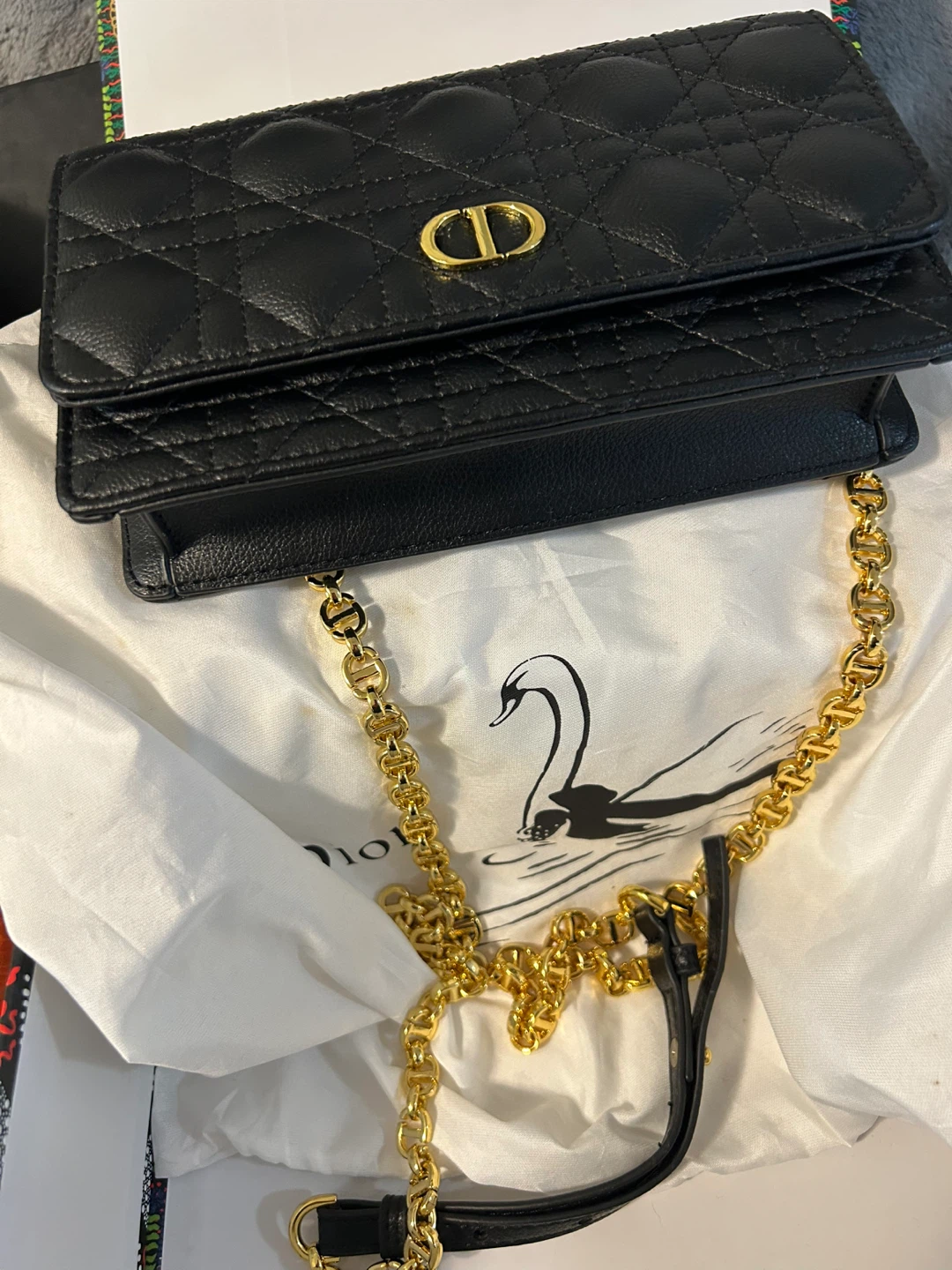 Dior Black Quilted Leather Wallet on Chain with Gold Hardware