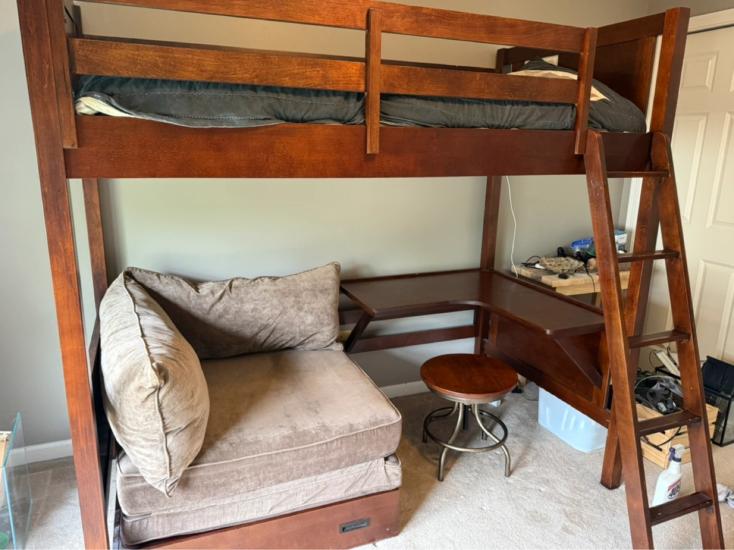 Wood Loft Bed with Desk and Chaise Lounge