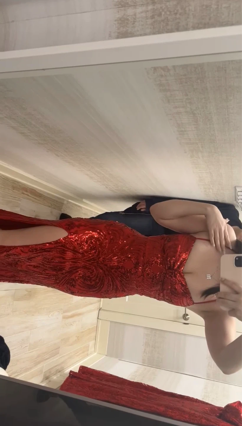 Red Sequined Gown with High Slit