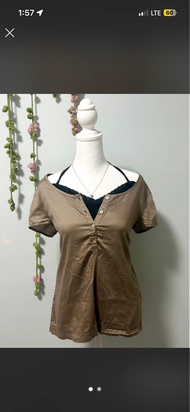 Bronze Short Sleeve Button Up Top