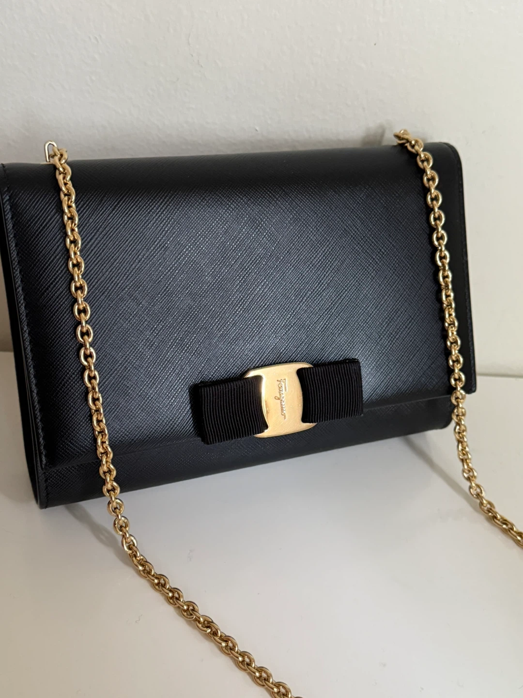 Salvatore Ferragamo Black Gancini Wallet on Chain