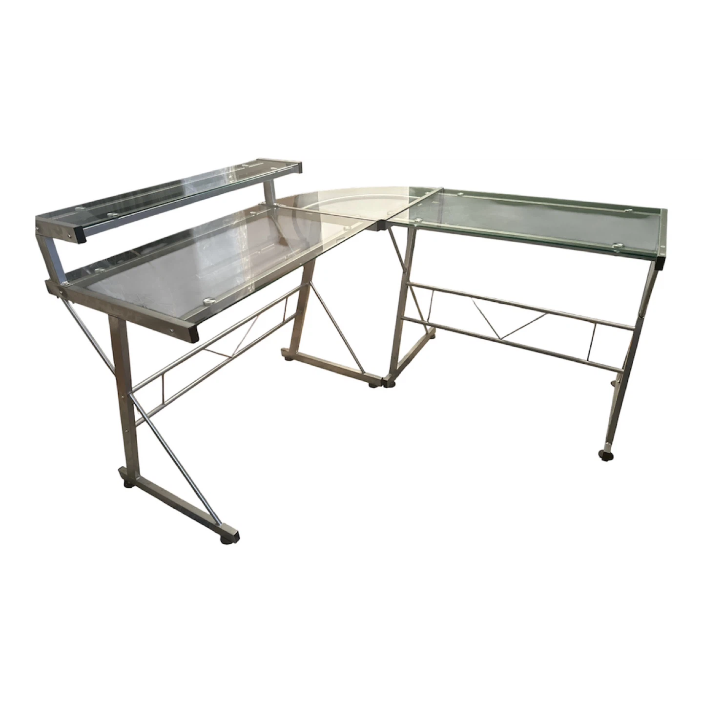 L-Shaped Glass Computer Desk with Shelving