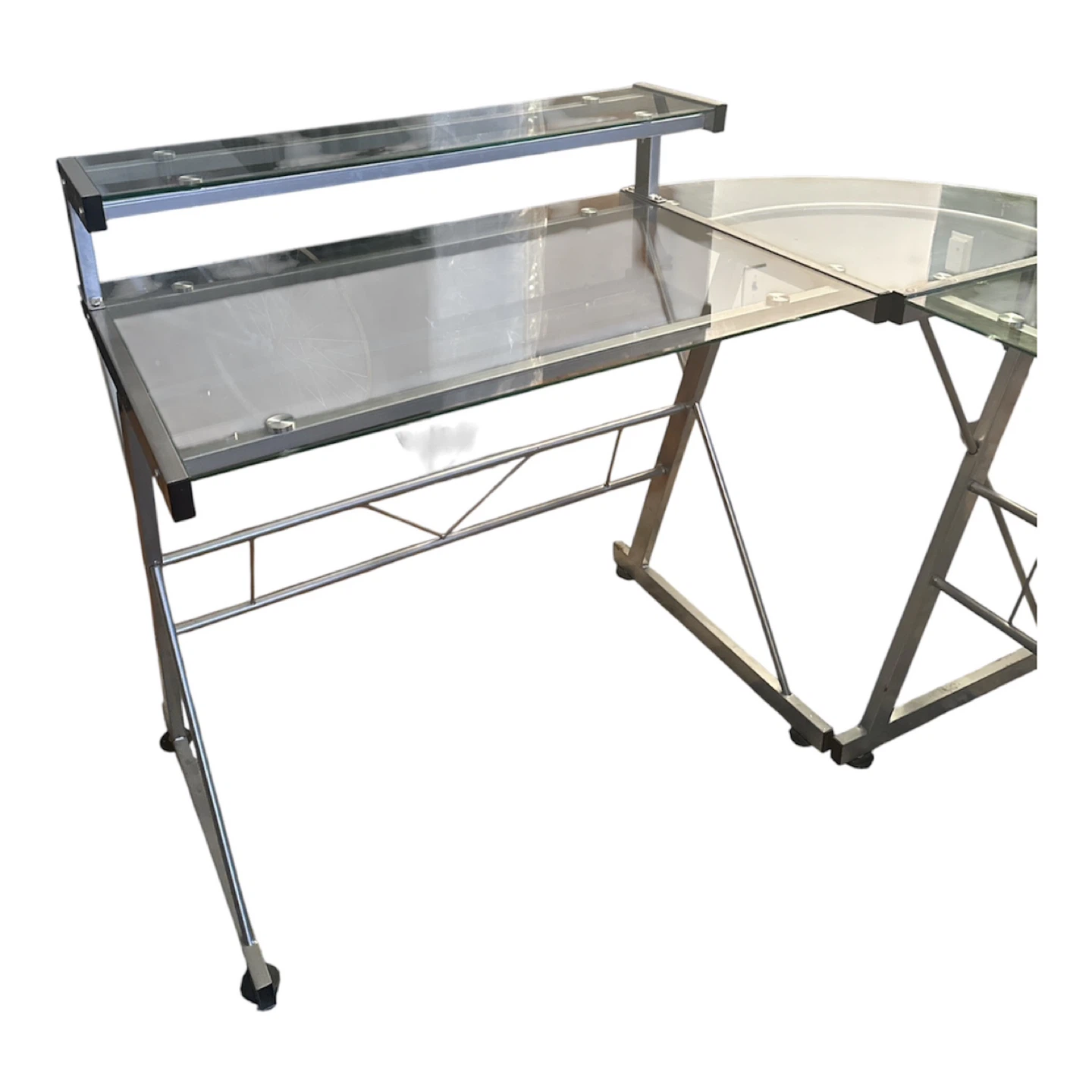 L-Shaped Glass Computer Desk with Shelving - photo 3