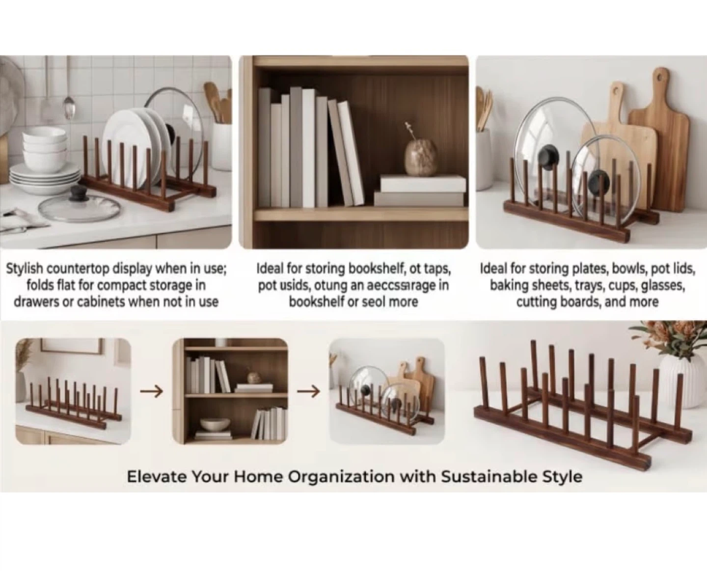 Wooden Dish Rack for Kitchen Counter - 8 Slot Plate Holder - photo 2