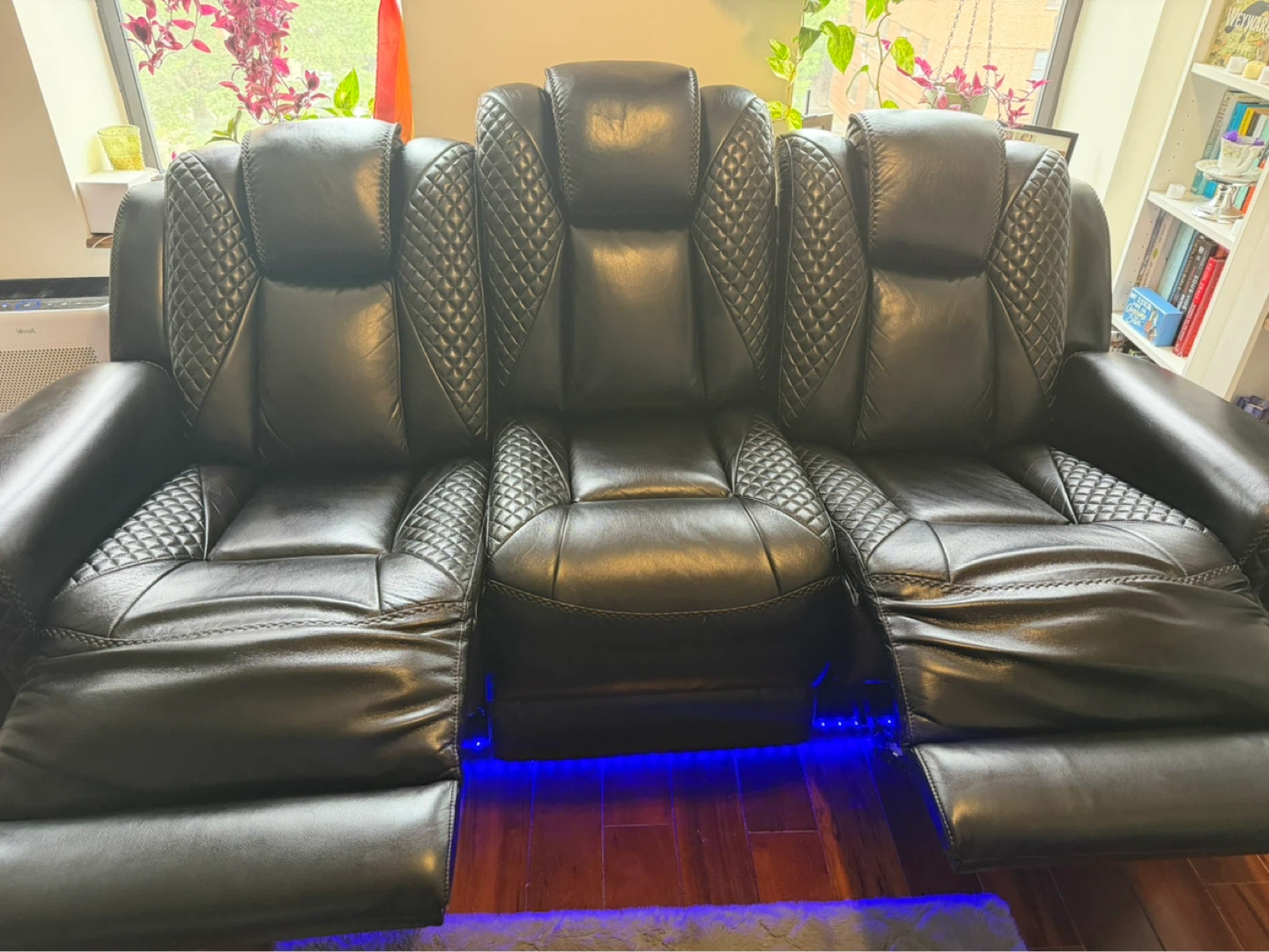Black Leather 3-Seater Reclining Sofa with Blue LED Lights - photo 2