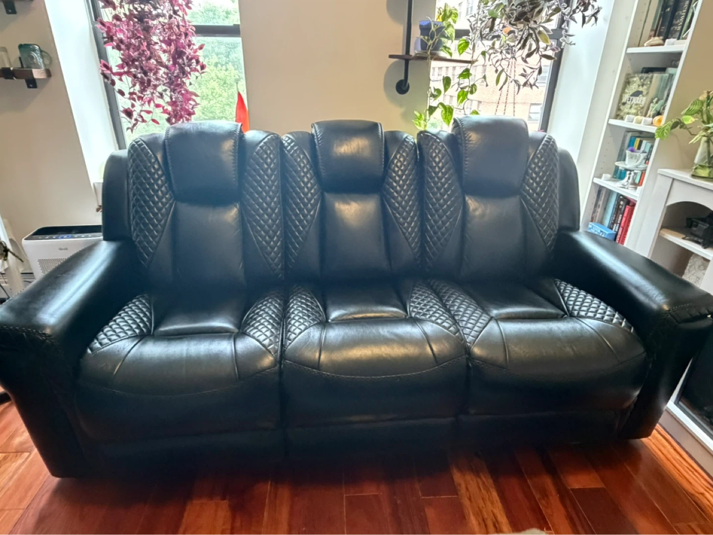 Black Leather 3-Seater Reclining Sofa with Blue LED Lights