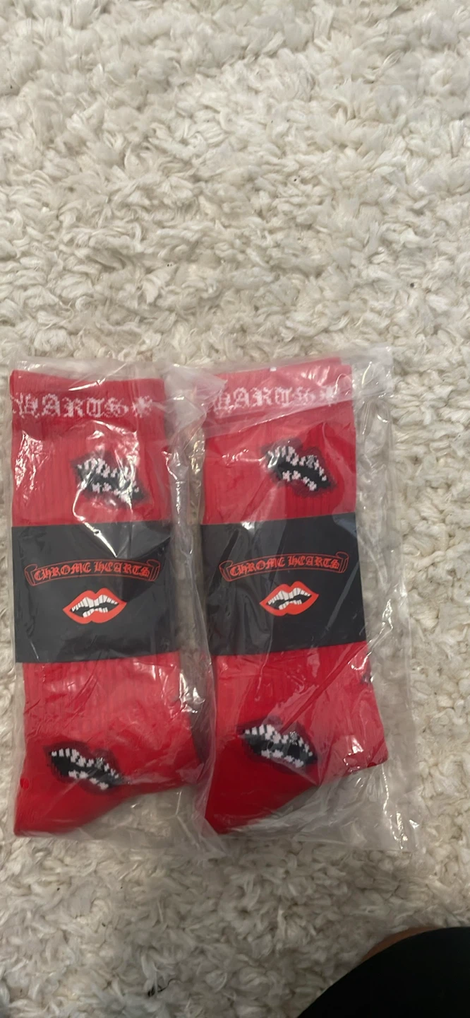 Chrome Hearts Red Socks with Lip and Teeth Design (Pair)