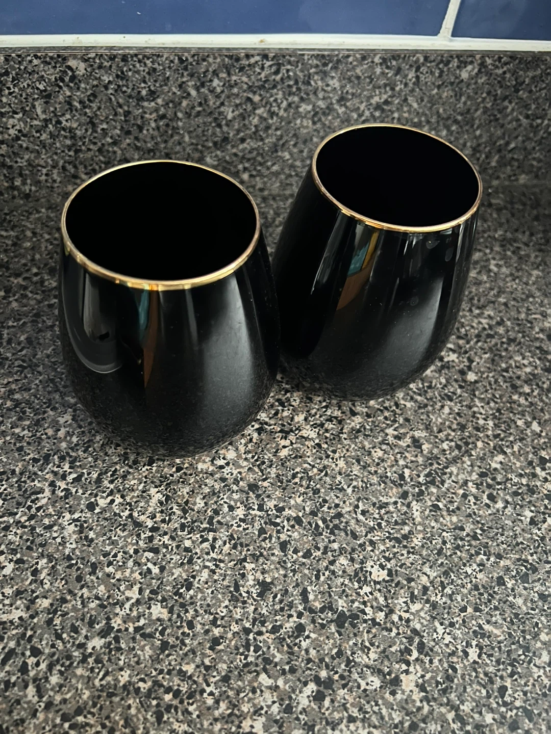 Set of 2 Black Stemless Wine Glasses with Gold Rim