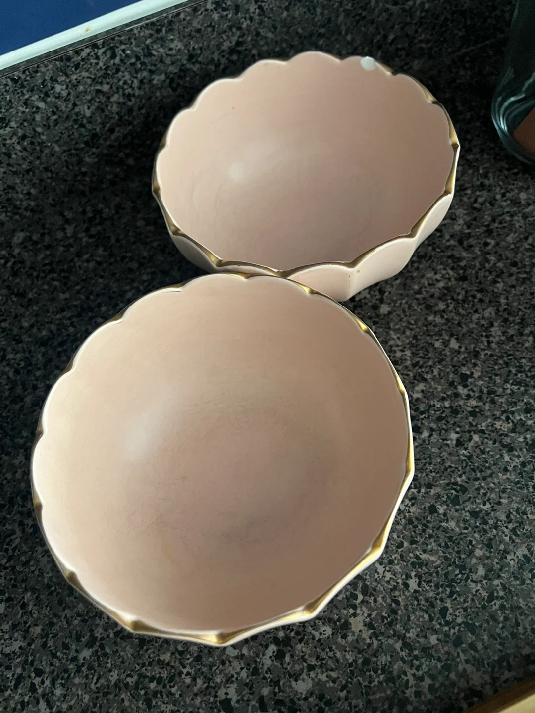 Set of 2 Pink Scalloped Bowls with Gold Rim