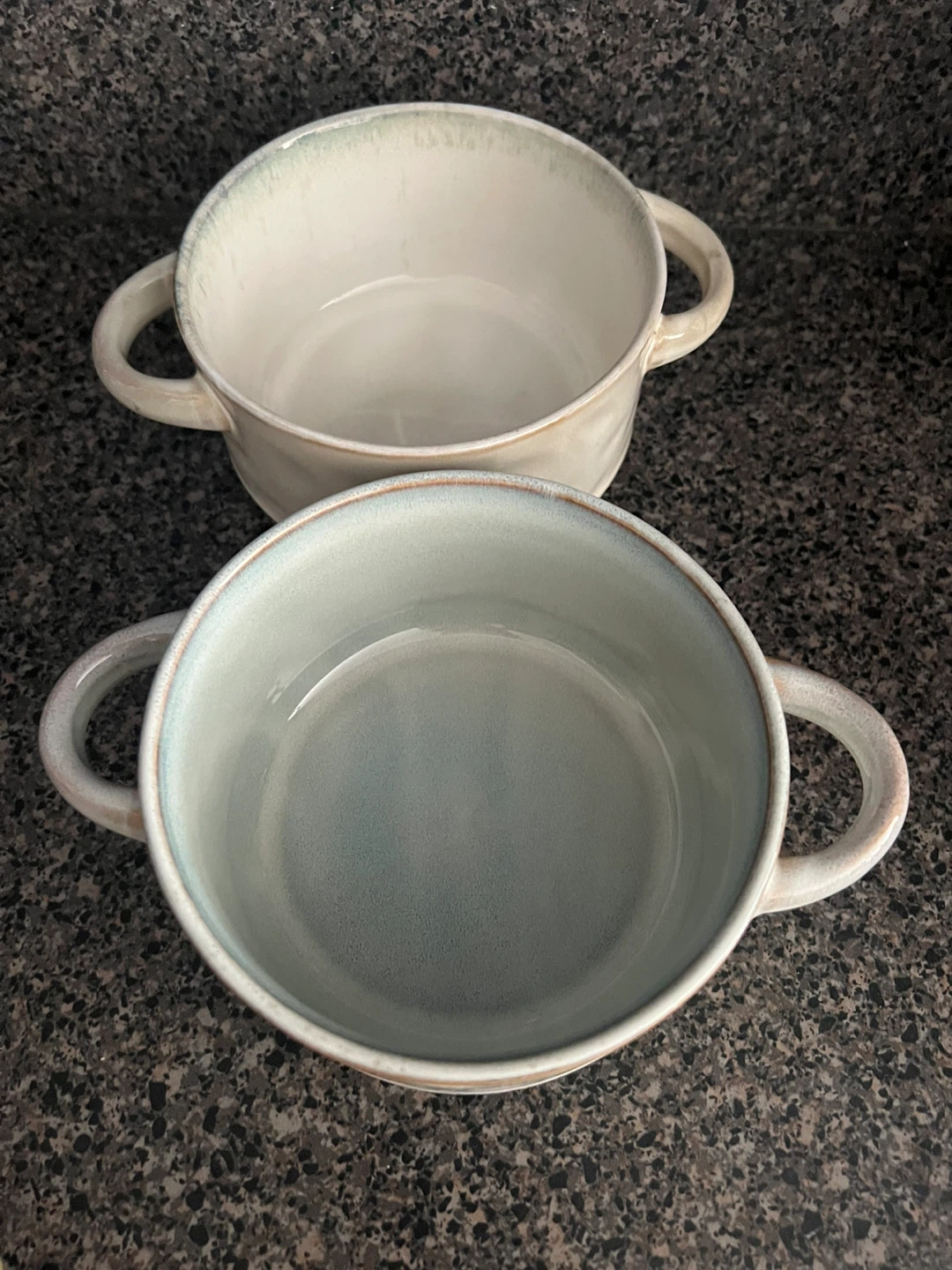 Set of 2 White and Beige Soup Crocks with Handles