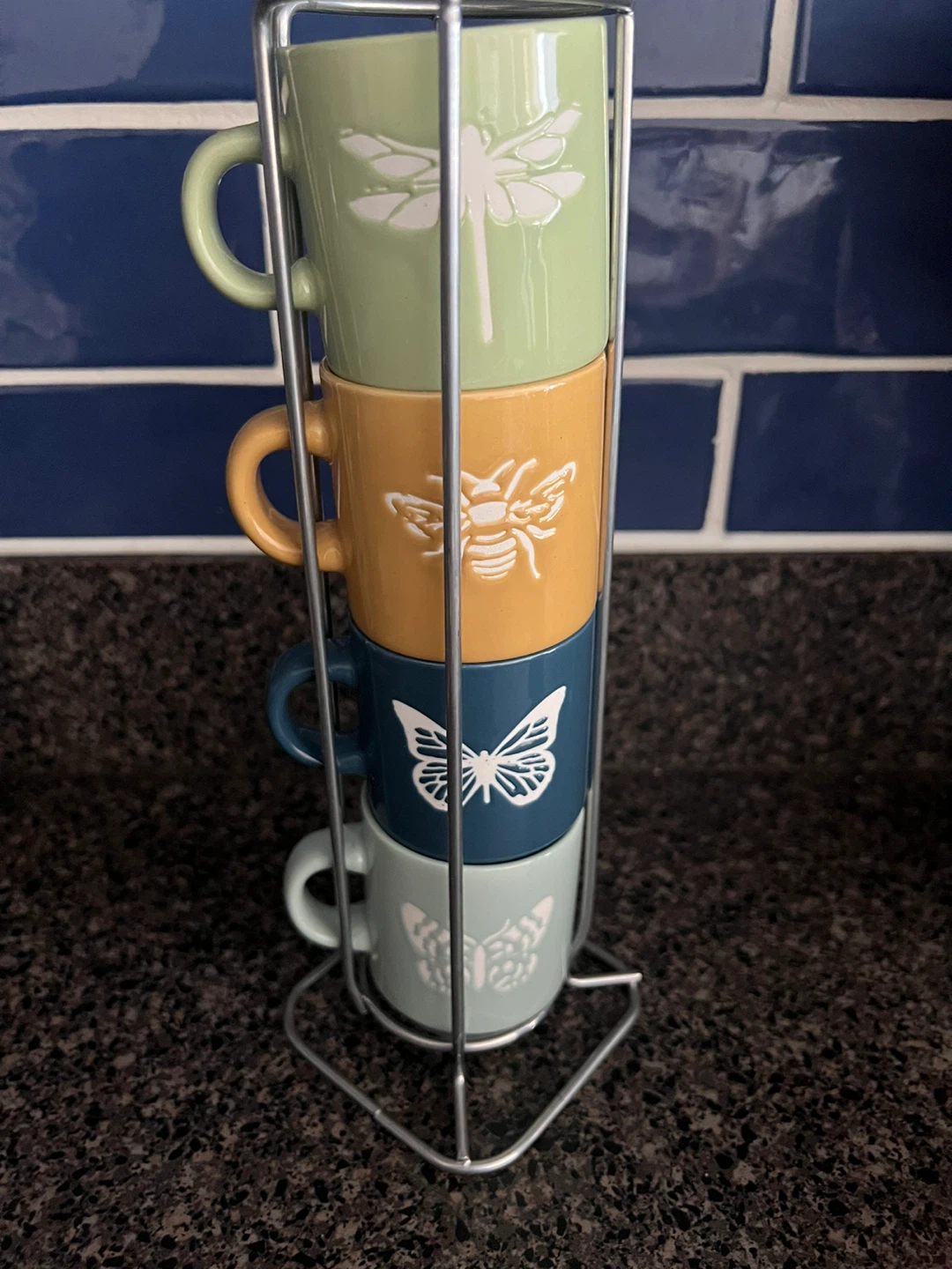 Stackable Mugs Set with Dragonfly, Bee, and Butterfly Designs