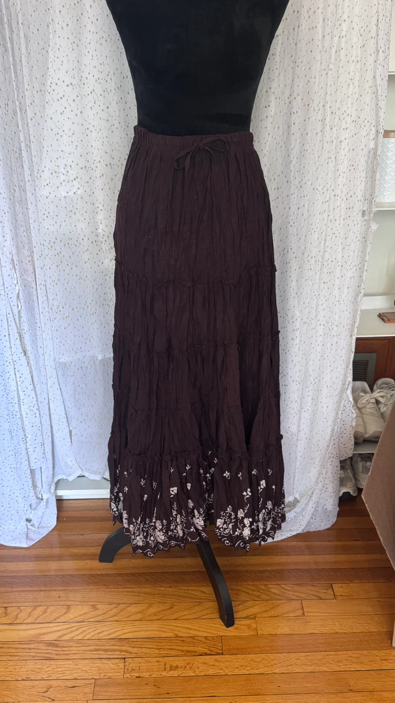 Brown Tiered Maxi Skirt with Floral Embroidery