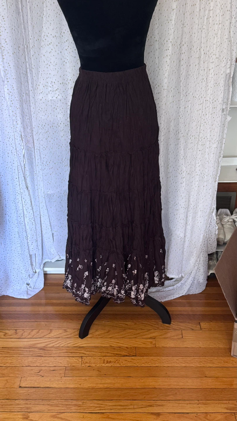 Brown Tiered Maxi Skirt with Floral Embroidery - photo 2