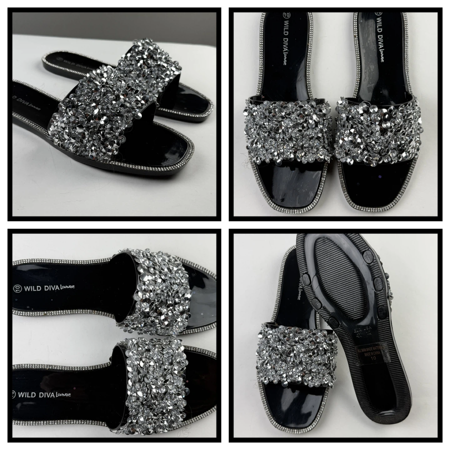 Wild Diva Women's Black Embellished Slides Size 10